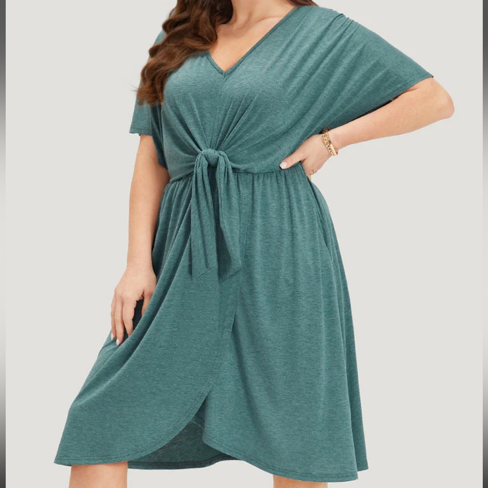 BloomChic Green Heather Bowknot Wrap Hem V Neck Pocket Dress Plus Size 1X